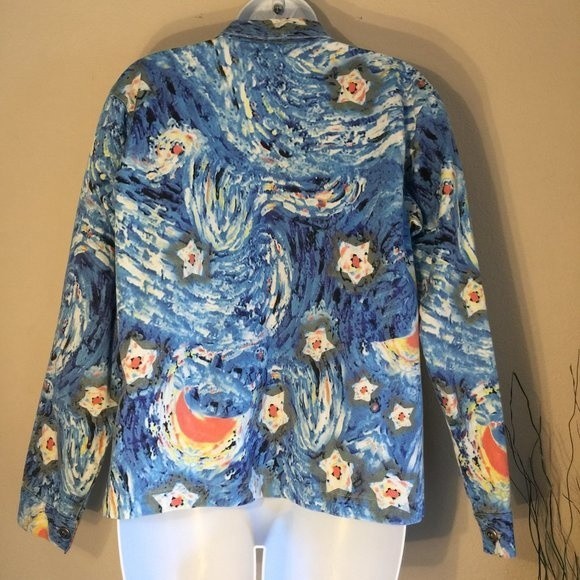 Artscapea Galaxy Print Denim Jacket Vintage 100% Cotton Blue Yellow Orange M - Picture 3 of 12